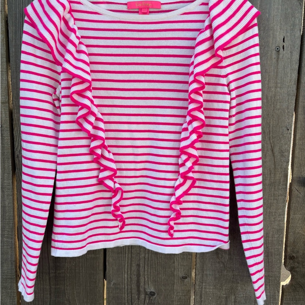 Lilly Pulitzer Ruth ruffle Sweater pink tango Stripe  XS